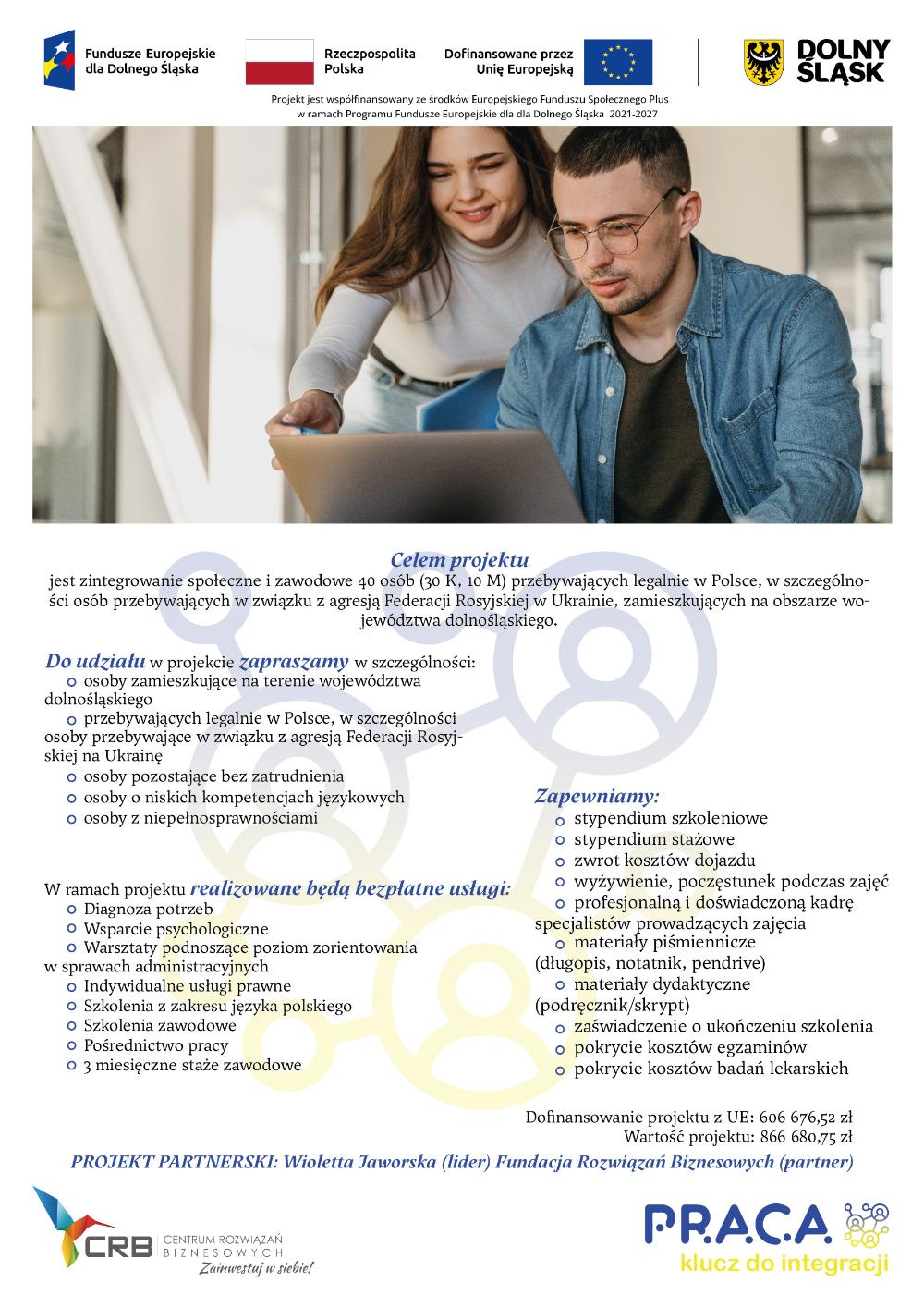 Plakat z informacjami o projekcie Praca - klucz do integracji