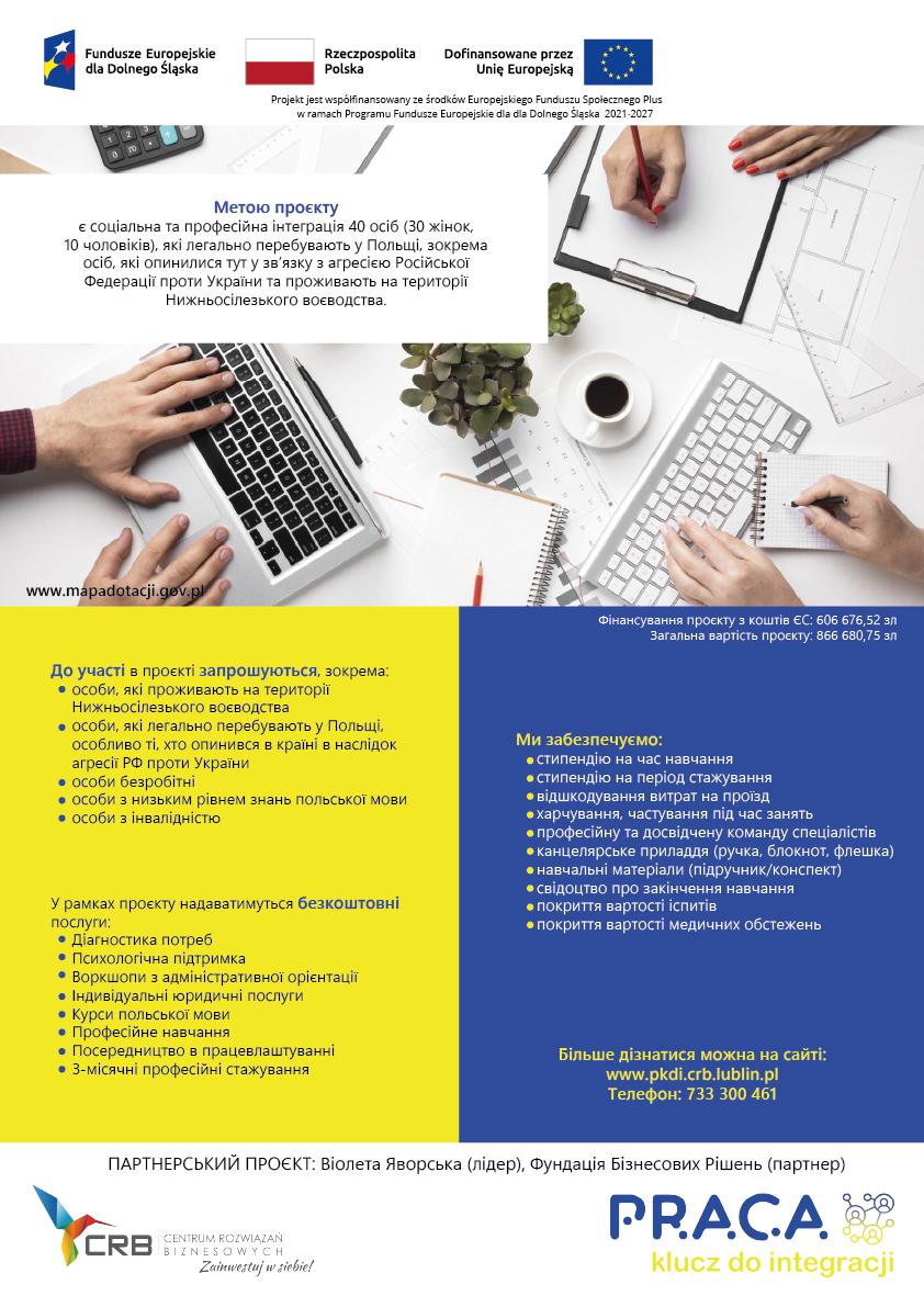 Plakat z informacjami o projekcie Praca - klucz do integracji